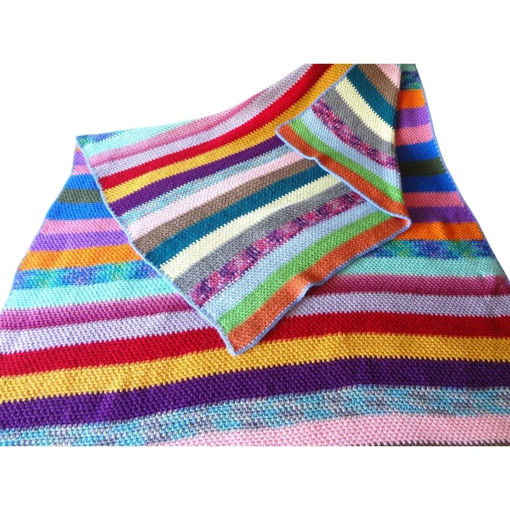 Crochet Afgan Throw‎ Blanket Multicolor Striped Boho